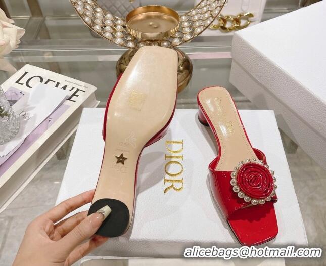 Good Product Dior Rose Heel Slide Sandals 3.5cm in Patent Calfskin and White Resin Pearls Red 2106056