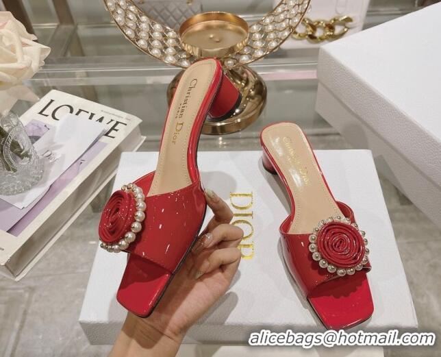 Good Product Dior Rose Heel Slide Sandals 3.5cm in Patent Calfskin and White Resin Pearls Red 2106056