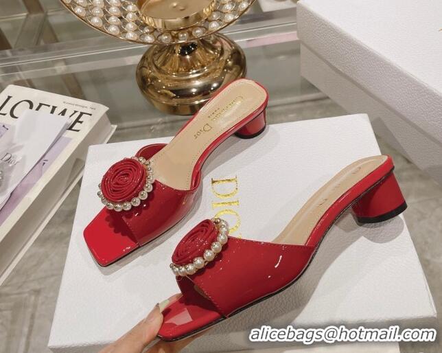 Good Product Dior Rose Heel Slide Sandals 3.5cm in Patent Calfskin and White Resin Pearls Red 2106056