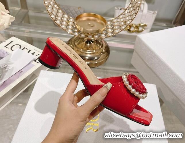 Good Product Dior Rose Heel Slide Sandals 3.5cm in Patent Calfskin and White Resin Pearls Red 2106056