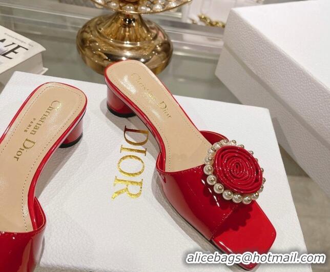 Good Product Dior Rose Heel Slide Sandals 3.5cm in Patent Calfskin and White Resin Pearls Red 2106056