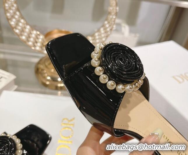 Design Discount Dior Rose Heel Slide Sandals 3.5cm in Patent Calfskin and White Resin Pearls Black 2106057