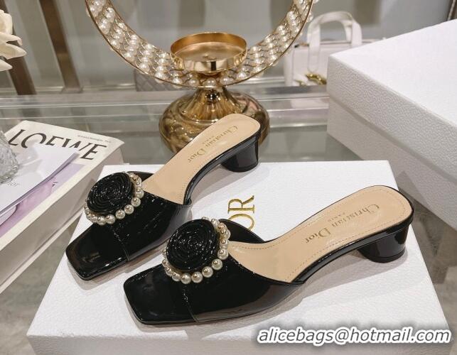 Design Discount Dior Rose Heel Slide Sandals 3.5cm in Patent Calfskin and White Resin Pearls Black 2106057