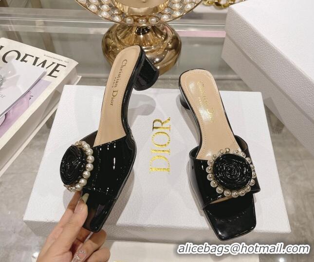 Design Discount Dior Rose Heel Slide Sandals 3.5cm in Patent Calfskin and White Resin Pearls Black 2106057