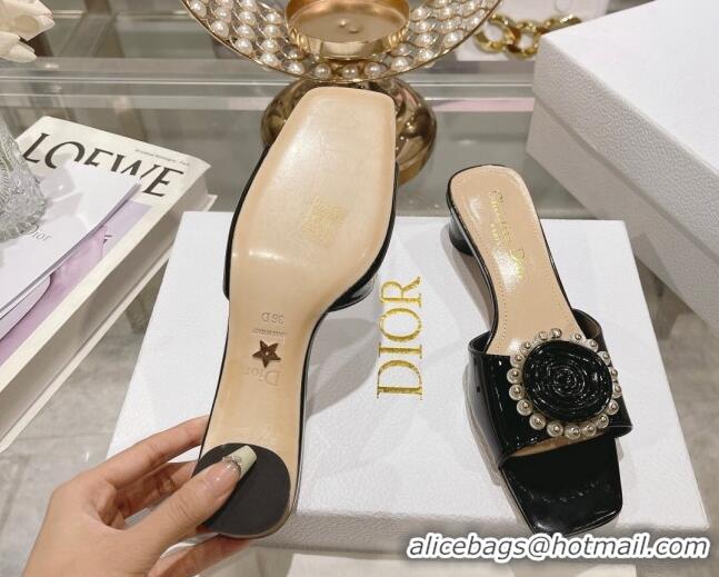 Design Discount Dior Rose Heel Slide Sandals 3.5cm in Patent Calfskin and White Resin Pearls Black 2106057