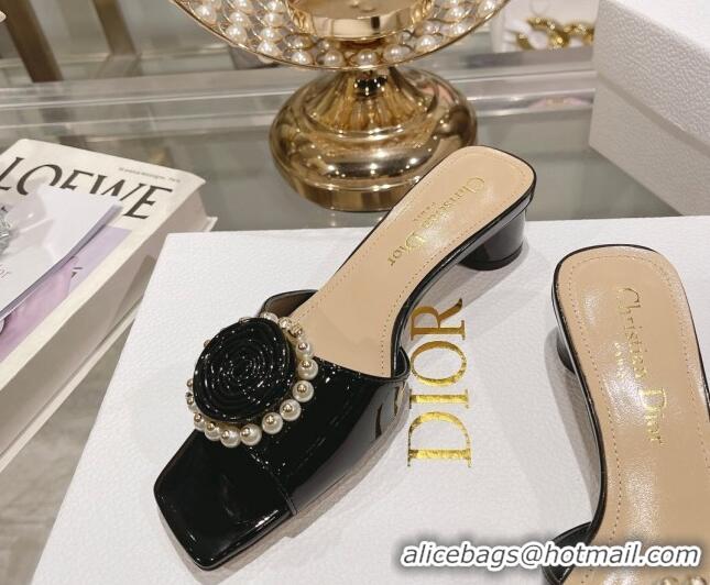 Design Discount Dior Rose Heel Slide Sandals 3.5cm in Patent Calfskin and White Resin Pearls Black 2106057