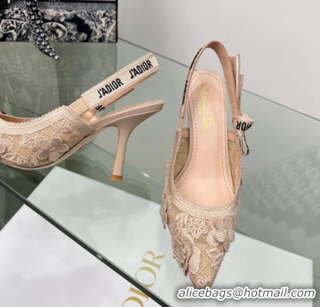 Grade Dior J'Adior Slingback Pumps 9.5cm in Transparent Mesh Embroidered with Nude 3D Macramé-Effect D-Lace Motif 206058