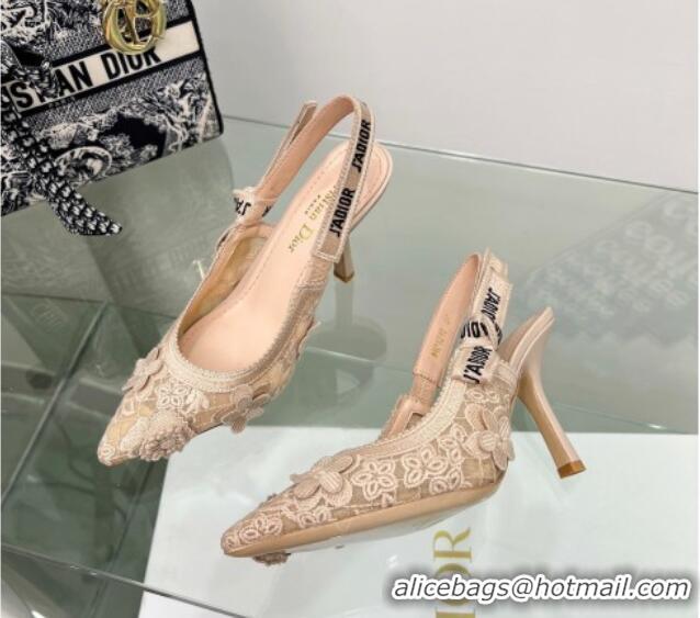 Grade Dior J'Adior Slingback Pumps 9.5cm in Transparent Mesh Embroidered with Nude 3D Macramé-Effect D-Lace Motif 206058