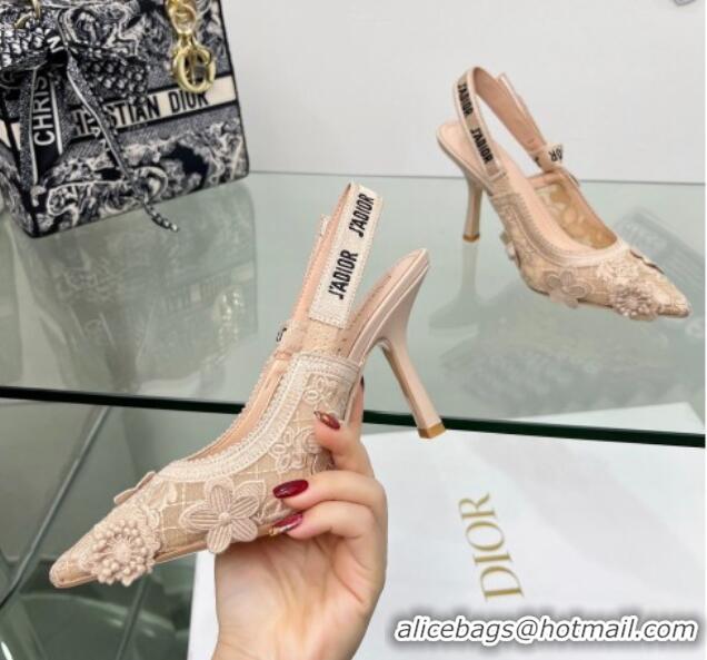 Grade Dior J'Adior Slingback Pumps 9.5cm in Transparent Mesh Embroidered with Nude 3D Macramé-Effect D-Lace Motif 206058