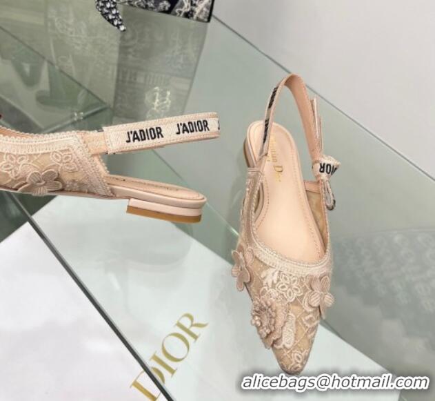 Top Quality Dior J'Adior Slingback Ballet Flat in Transparent Mesh Embroidered with Nude 3D Macramé-Effect D-Lace Motif 