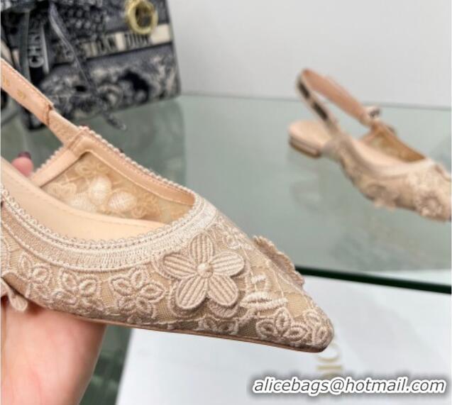 Top Quality Dior J'Adior Slingback Ballet Flat in Transparent Mesh Embroidered with Nude 3D Macramé-Effect D-Lace Motif 