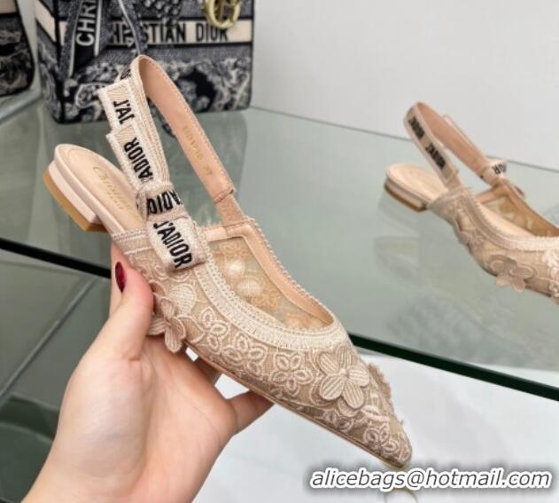 Top Quality Dior J'Adior Slingback Ballet Flat in Transparent Mesh Embroidered with Nude 3D Macramé-Effect D-Lace Motif 