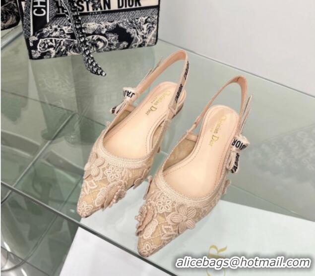 Top Quality Dior J'Adior Slingback Ballet Flat in Transparent Mesh Embroidered with Nude 3D Macramé-Effect D-Lace Motif 