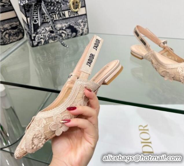 Top Quality Dior J'Adior Slingback Ballet Flat in Transparent Mesh Embroidered with Nude 3D Macramé-Effect D-Lace Motif 