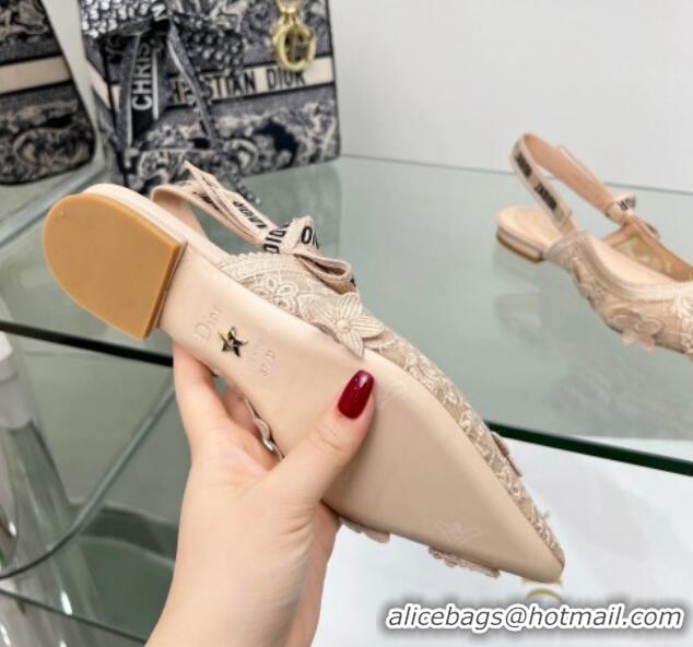 Top Quality Dior J'Adior Slingback Ballet Flat in Transparent Mesh Embroidered with Nude 3D Macramé-Effect D-Lace Motif 