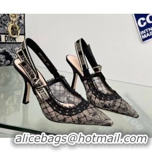 AAAAA Dior J'Adior Slingback Pumps 9.5cm in Transparent Mesh Embroidered with Black and Gold-Tone Butterfly Motif and Me