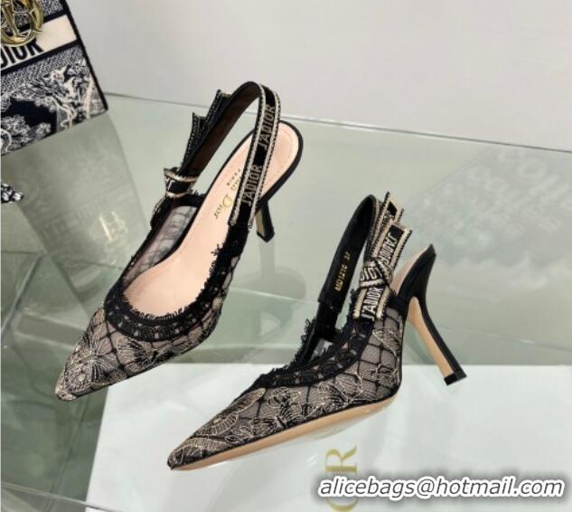 AAAAA Dior J'Adior Slingback Pumps 9.5cm in Transparent Mesh Embroidered with Black and Gold-Tone Butterfly Motif and Me