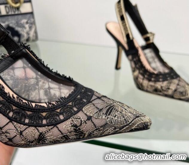 AAAAA Dior J'Adior Slingback Pumps 9.5cm in Transparent Mesh Embroidered with Black and Gold-Tone Butterfly Motif and Me