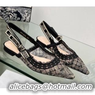 Sumptuous Dior J'Adior Slingback Ballet Flat in Transparent Mesh Embroidered with Black and Gold-Tone Butterfly Motif an