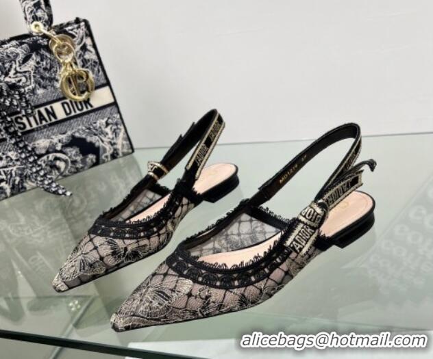 Sumptuous Dior J'Adior Slingback Ballet Flat in Transparent Mesh Embroidered with Black and Gold-Tone Butterfly Motif an