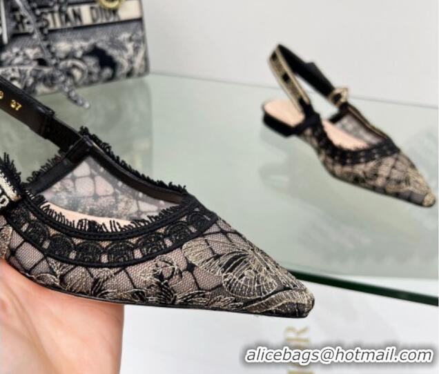 Sumptuous Dior J'Adior Slingback Ballet Flat in Transparent Mesh Embroidered with Black and Gold-Tone Butterfly Motif an