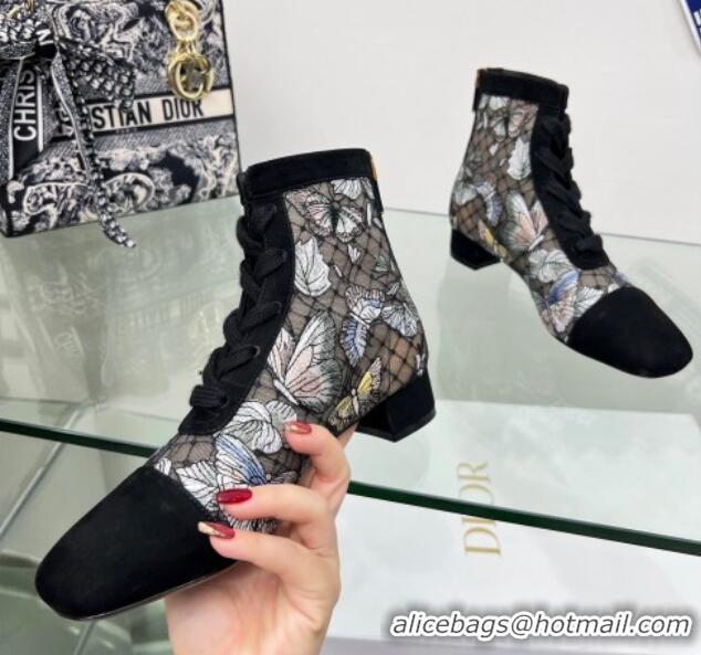 Stylish Dior Naughtily-D Ankle Boots 3cm in Black Multicolor Transparent Mesh Embroidered with Butterfly Motif and Black