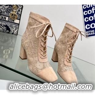 Classic Hot Dior Naughtily-D Ankle Boots 8cm in Transparent Mesh and Nude Suede Embroidered with Dior Roses Motif 06066