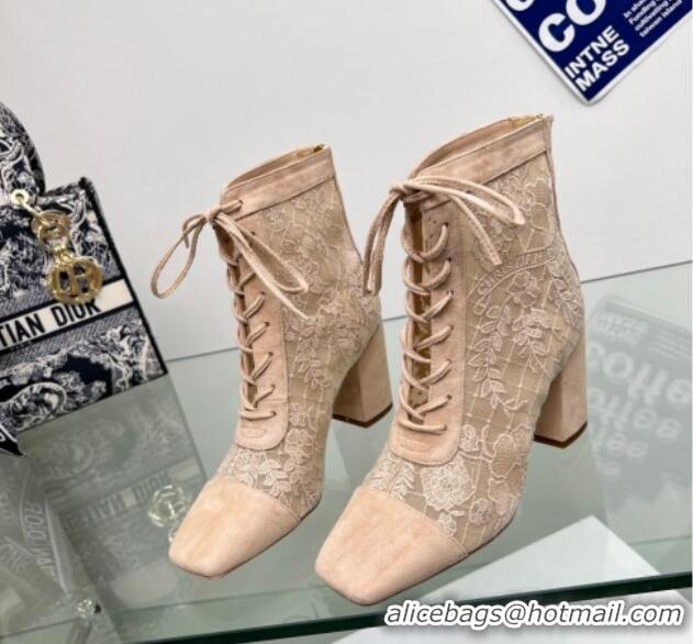 Classic Hot Dior Naughtily-D Ankle Boots 8cm in Transparent Mesh and Nude Suede Embroidered with Dior Roses Motif 06066