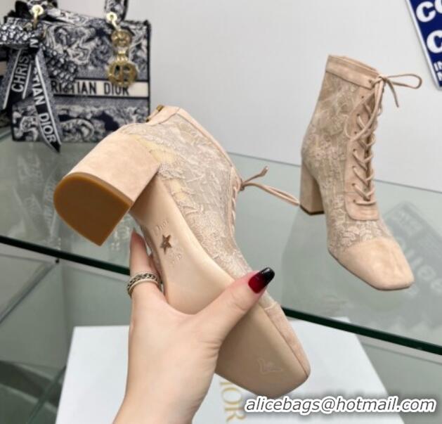 Classic Hot Dior Naughtily-D Ankle Boots 8cm in Transparent Mesh and Nude Suede Embroidered with Dior Roses Motif 06066