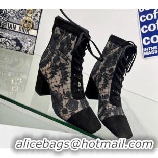 Luxury Discount Dior Naughtily-D Ankle Boots 8cm in Transparent Mesh and Black Suede Embroidered with Dior Roses Motif 0