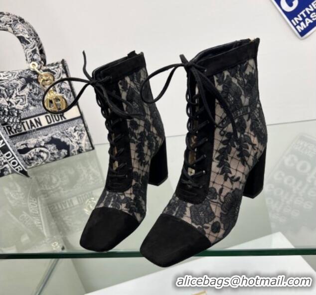 Luxury Discount Dior Naughtily-D Ankle Boots 8cm in Transparent Mesh and Black Suede Embroidered with Dior Roses Motif 0