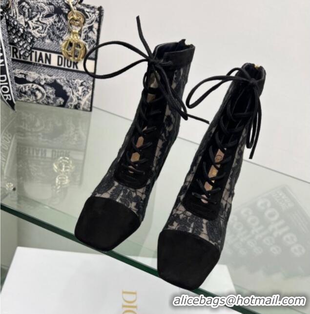 Luxury Discount Dior Naughtily-D Ankle Boots 8cm in Transparent Mesh and Black Suede Embroidered with Dior Roses Motif 0