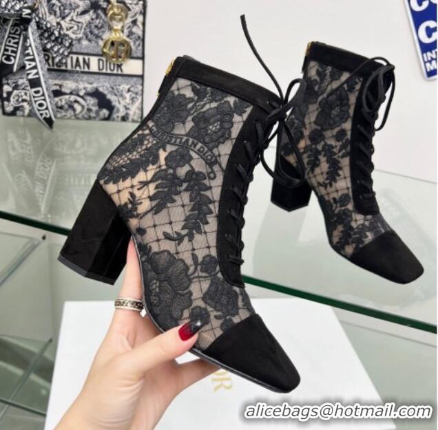 Luxury Discount Dior Naughtily-D Ankle Boots 8cm in Transparent Mesh and Black Suede Embroidered with Dior Roses Motif 0