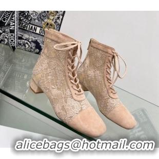 Luxury Dior Naughtily-D Ankle Boots 3.5cm in Transparent Mesh and Nude Suede Embroidered with Dior Roses Motif 06068