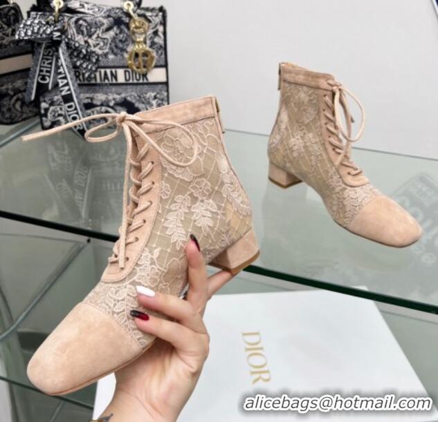 Luxury Dior Naughtily-D Ankle Boots 3.5cm in Transparent Mesh and Nude Suede Embroidered with Dior Roses Motif 06068