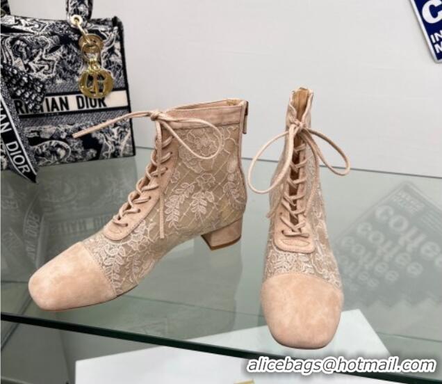 Luxury Dior Naughtily-D Ankle Boots 3.5cm in Transparent Mesh and Nude Suede Embroidered with Dior Roses Motif 06068