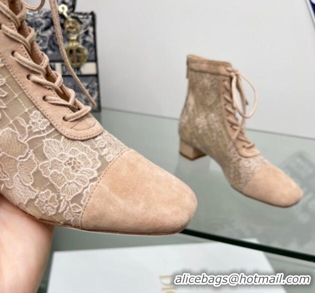 Luxury Dior Naughtily-D Ankle Boots 3.5cm in Transparent Mesh and Nude Suede Embroidered with Dior Roses Motif 06068