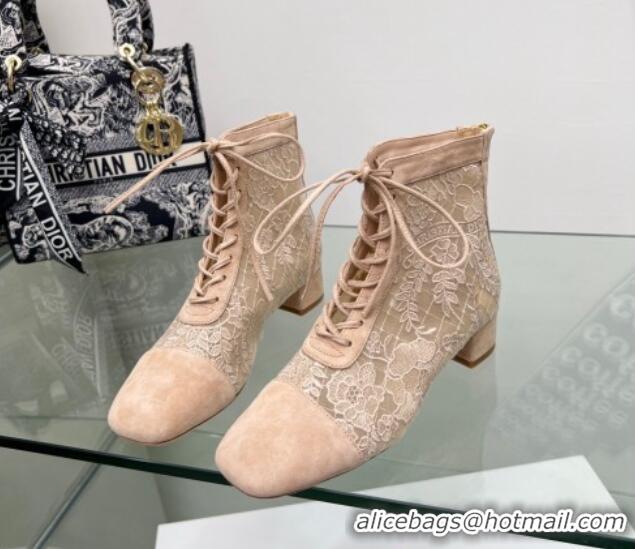 Luxury Dior Naughtily-D Ankle Boots 3.5cm in Transparent Mesh and Nude Suede Embroidered with Dior Roses Motif 06068