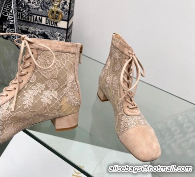 Luxury Dior Naughtily-D Ankle Boots 3.5cm in Transparent Mesh and Nude Suede Embroidered with Dior Roses Motif 06068