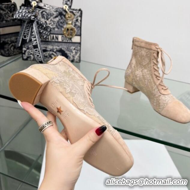 Luxury Dior Naughtily-D Ankle Boots 3.5cm in Transparent Mesh and Nude Suede Embroidered with Dior Roses Motif 06068