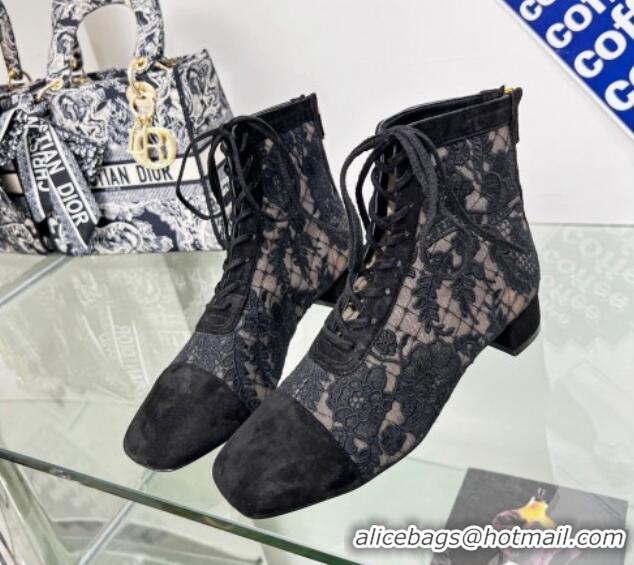 Shop Duplicate Dior Naughtily-D Ankle Boots 3.5cm in Transparent Mesh and Black Suede Embroidered with Dior Roses Motif 