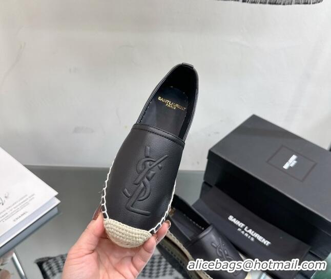 Luxury Cheap Saint Laurent YSL Leather Espadrilles Black 05085