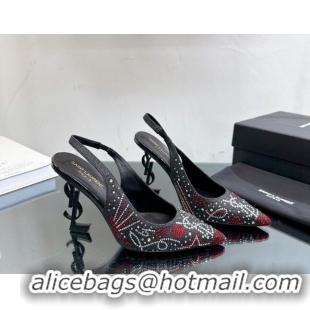 1:1 aaaaa Saint Laurent Opyum Slingback Pumps 10.5cm with Crystals Black/Red 108078