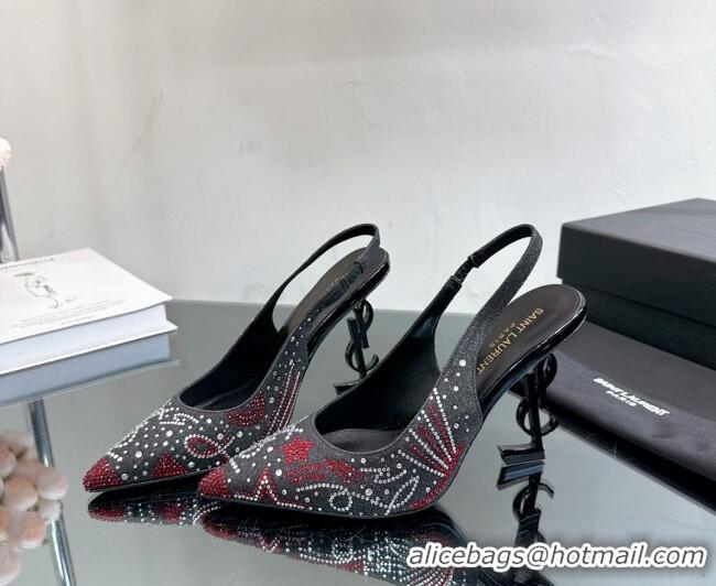 1:1 aaaaa Saint Laurent Opyum Slingback Pumps 10.5cm with Crystals Black/Red 108078