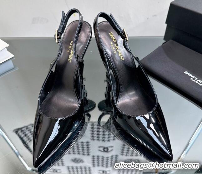 Charming Saint Laurent Opyum Slingback Pumps 10.5cm in Black Patent Leather with Crystal Buckle 108081