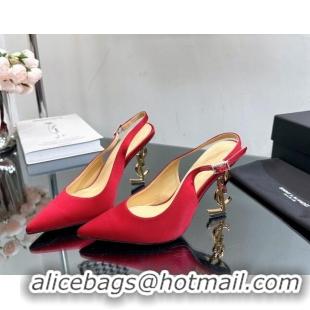 Top Design Saint Laurent Opyum Slingback Pumps 10.5cm in Satin with Crystal Buckle Red 108082