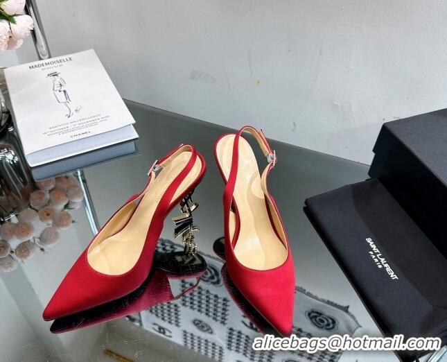 Top Design Saint Laurent Opyum Slingback Pumps 10.5cm in Satin with Crystal Buckle Red 108082