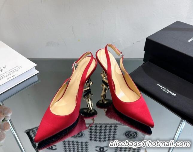 Top Design Saint Laurent Opyum Slingback Pumps 10.5cm in Satin with Crystal Buckle Red 108082