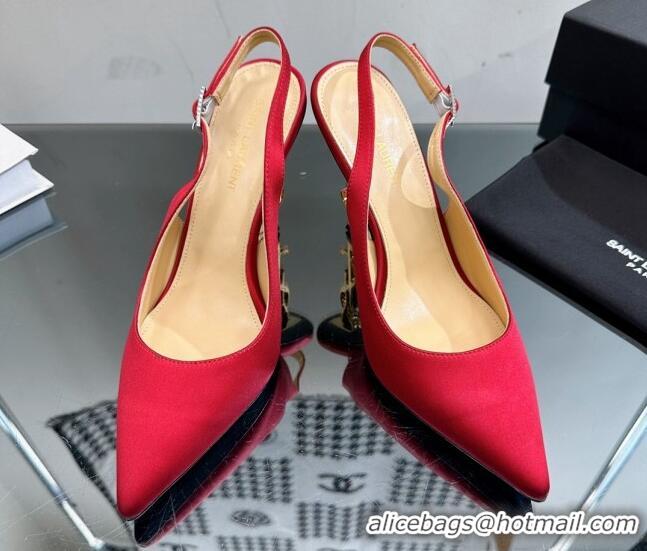 Top Design Saint Laurent Opyum Slingback Pumps 10.5cm in Satin with Crystal Buckle Red 108082