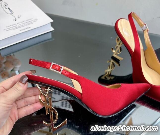 Top Design Saint Laurent Opyum Slingback Pumps 10.5cm in Satin with Crystal Buckle Red 108082